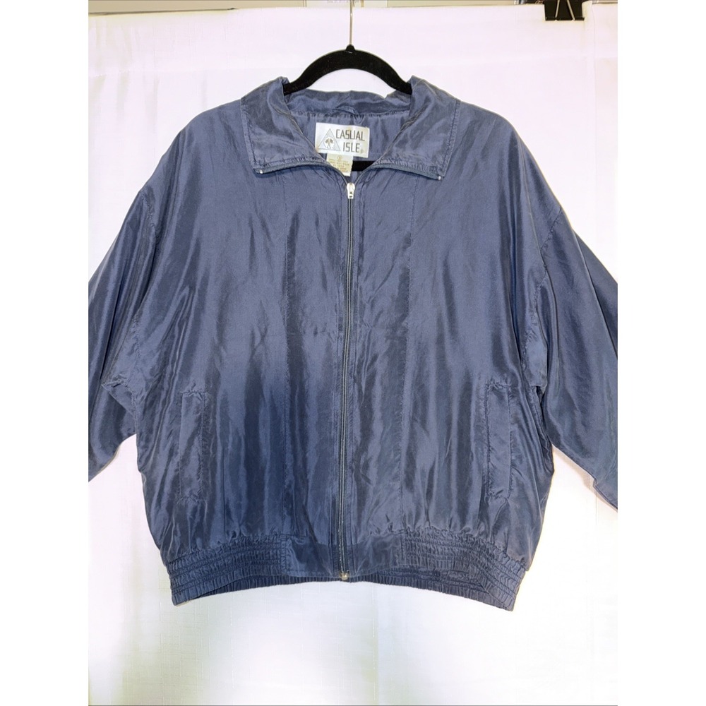 Vintage Bomber Jacket Navy 100% SILK Casual Isle Balloon Sleeve Small Y2K